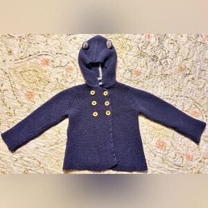 Baby Boden Blue Double Breasted Knit Hooded Critter Sweater Jacket Sz 2-3 years